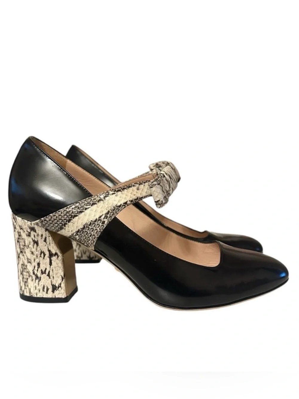 GUCCI Nimue Black Snakeskin Bow Leather Mary Jane Block Heel Pumps 38